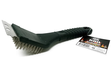 A black plastic and metal grill cleaning brush with a ribbed handle, shown next to its 'XXL BBQ Accessories' product tag on a white background.