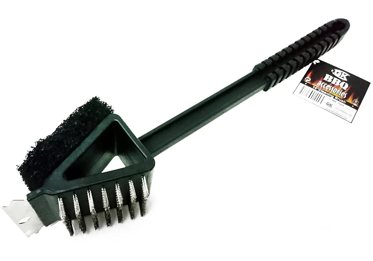 A black BBQ cleaning brush with a long handle and triangular scrubbing head, shown on a white background with its product tag attached.