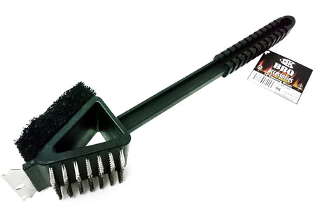 A black BBQ cleaning brush with a long handle and triangular scrubbing head, shown on a white background with its product tag attached.