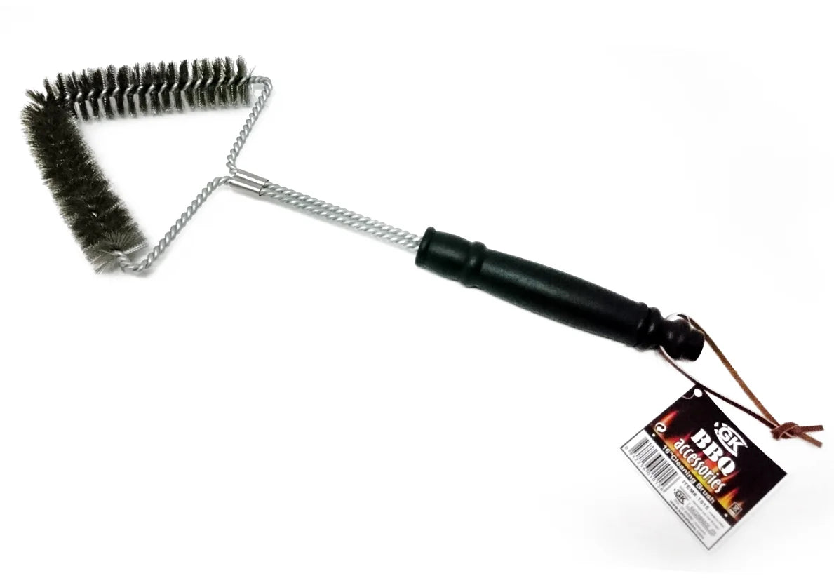 A triangular wire brush cleaning tool with dark bristles, a black handle, and a hanging product tag, shown on a plain white background.