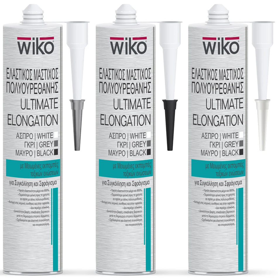 Three white tubes of wiko Ultimate Elongation hair extension adhesive with metal needle applicators, shown on a plain white background.