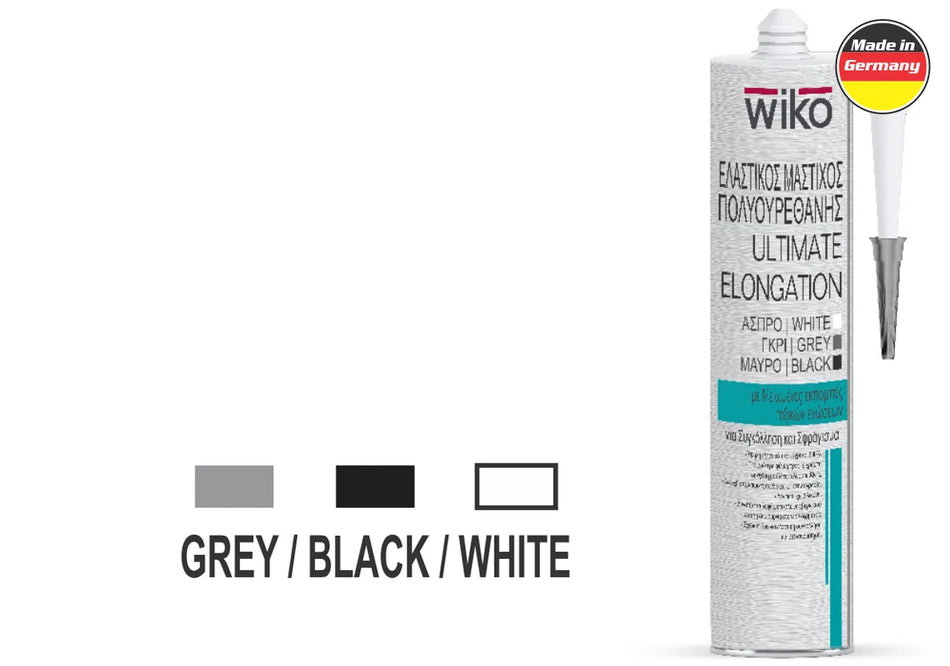 A tube of wiko Ultimate Elongation adhesive shown on a white background, alongside three color swatches labeled grey, black, and white, and a 'Made in Germany' badge.