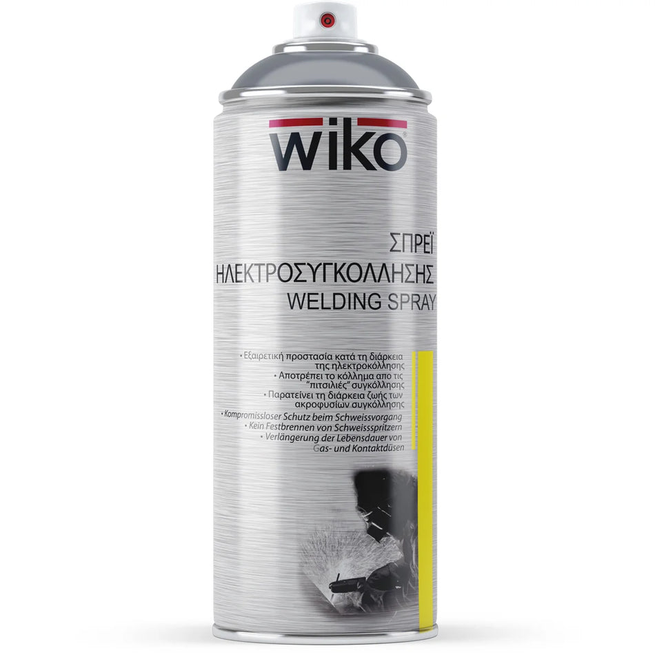 A can of Wiko welding spray on a plain white background. The can is metallic silver with black text and a yellow stripe on the lower right side.
