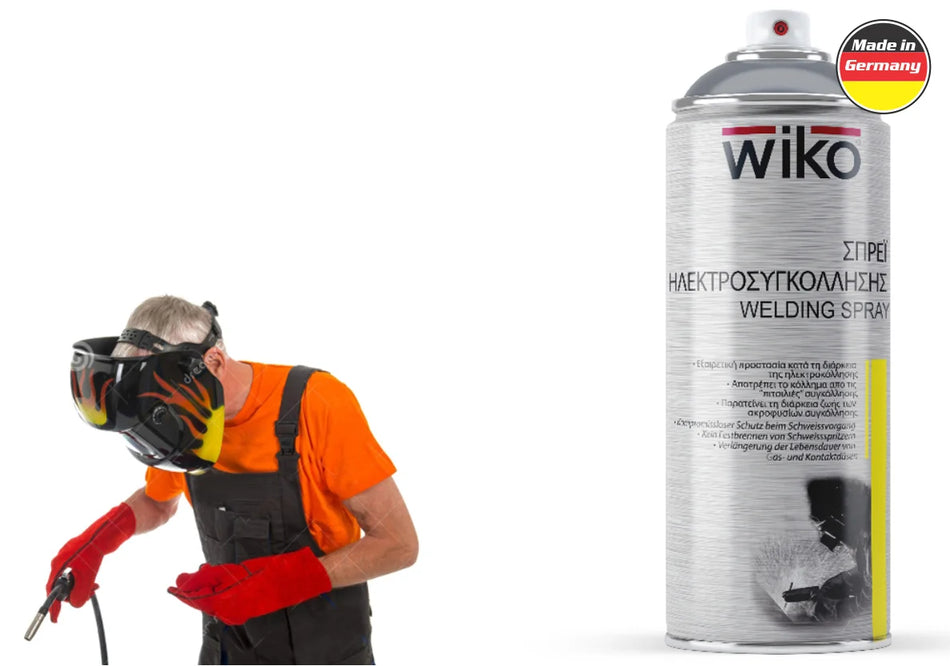 A can of wiko Welding Spray on the right, next to a man in a welding helmet and protective clothing on the left, against a white background with a 'Made in Germany' badge.