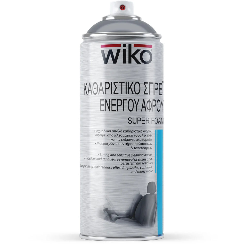 A can of Wiko Super Foam cleaning spray, featuring a brushed silver aluminum body with black text and a blue accent stripe on the lower right, set against a plain white background.
