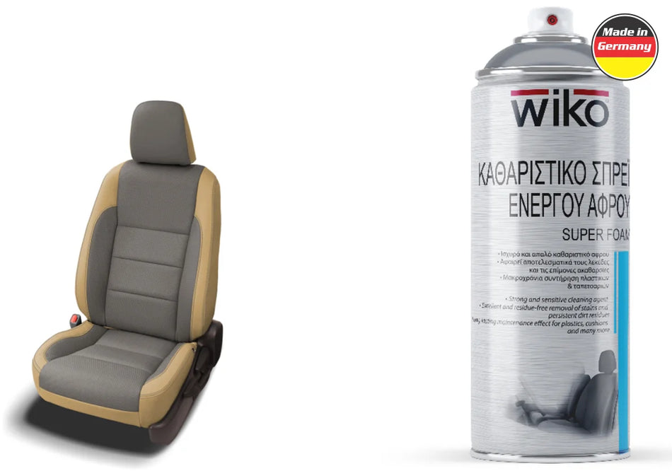 A car seat shown on the left and a can of wiko Super Foam expansion foam on the right, set against a plain white background with a small 'Made in Germany' badge in the top right corner.