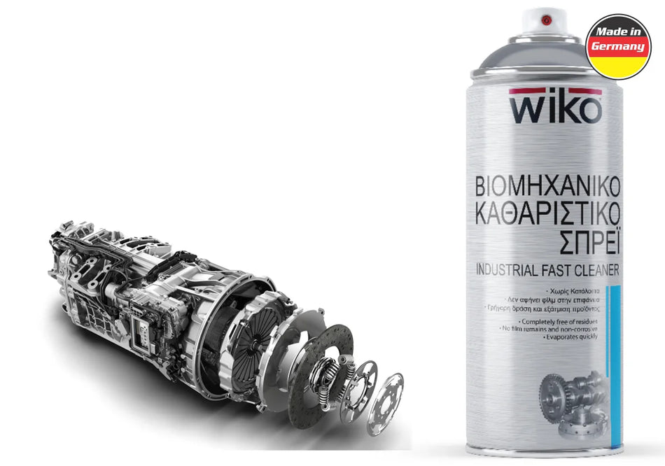 A can of wiko Industrial Fast Cleaner spray next to a cutaway illustration of a metallic mechanical component, on a white background with a 'Made in Germany' badge.