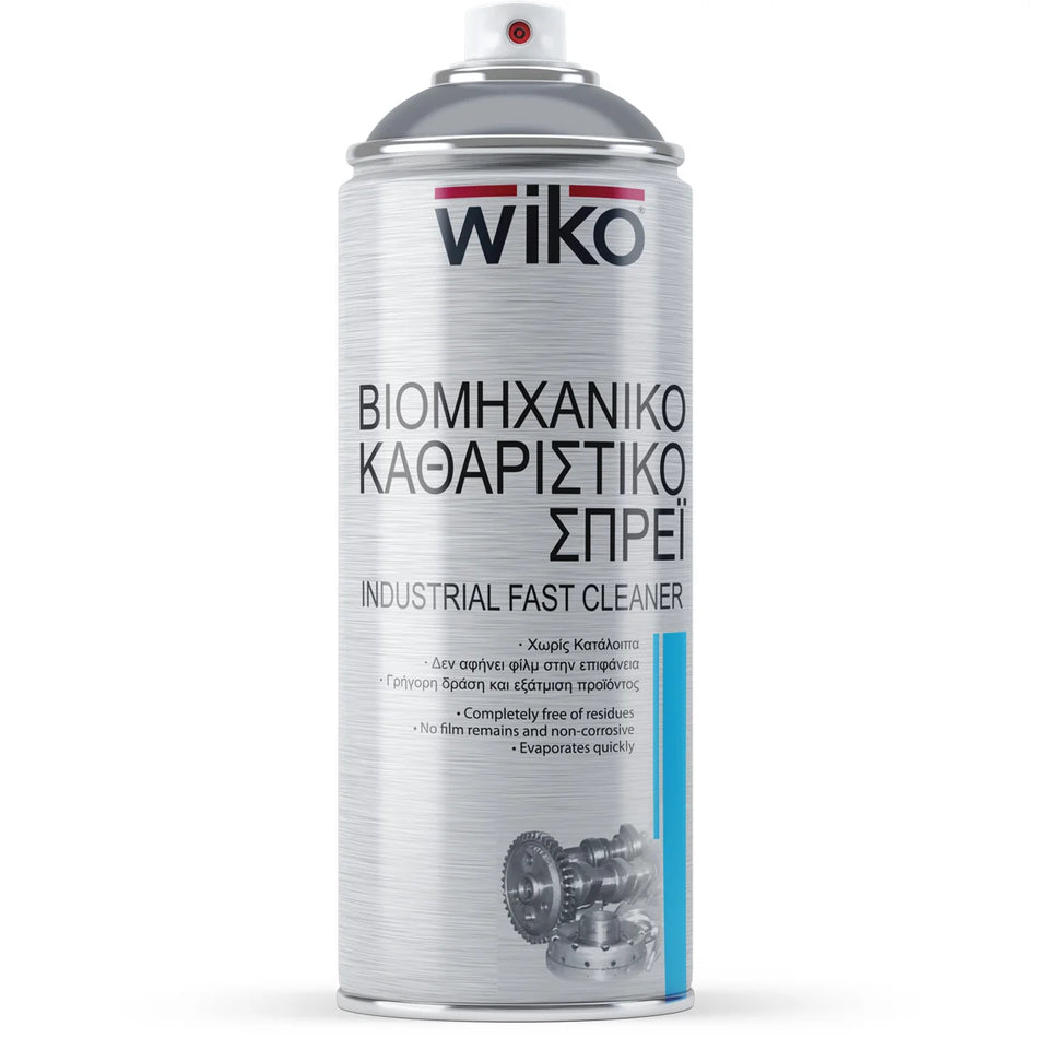 A can of Wiko Industrial Fast Cleaner spray, featuring a brushed silver aluminum body with black text and a blue accent stripe on the lower right, set against a plain white background.