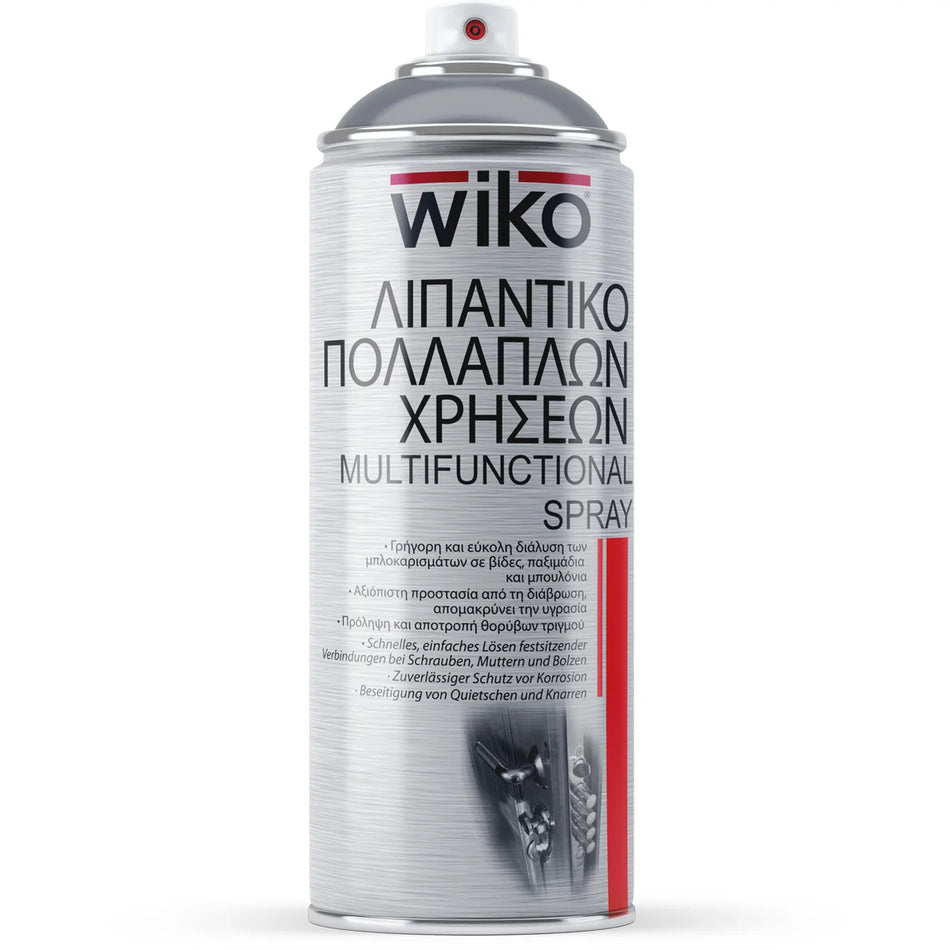 A can of Wiko Multifunctional Spray on a plain white background. The can is metallic silver with black text and red accents, including a red stripe above the brand name and a red vertical accent on the lower right.