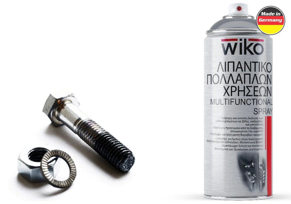 A can of wiko Multifunctional Spray on the right, shown next to a threaded metal bolt with a hex nut on the left, all on a clean white background with a 'Made in Germany' badge in the top right corner.