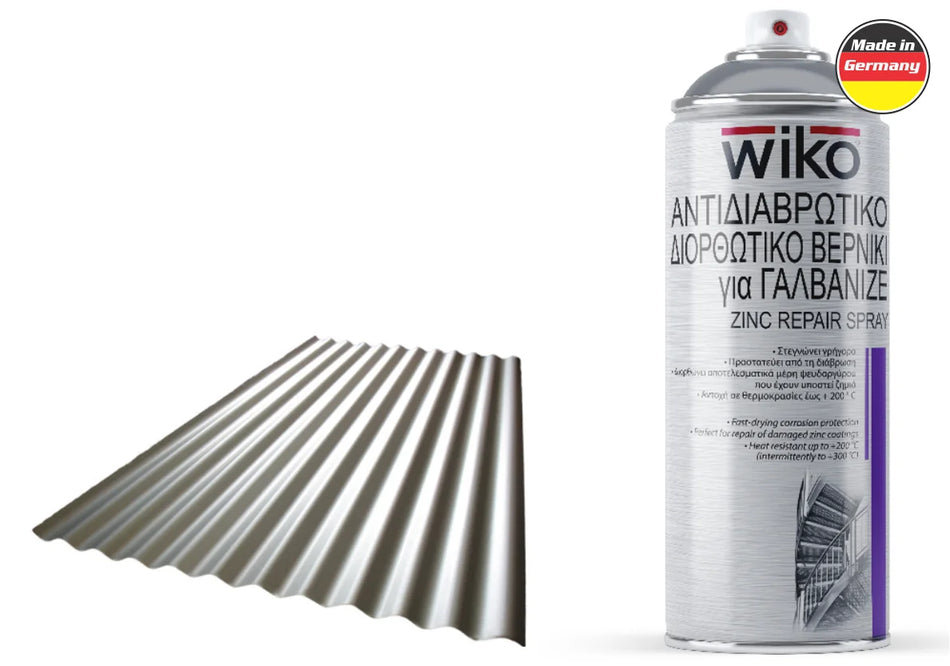 A can of Wiko zinc repair spray next to a corrugated metal sheet showing the applied effect, on a plain white background with a 'Made in Germany' badge.