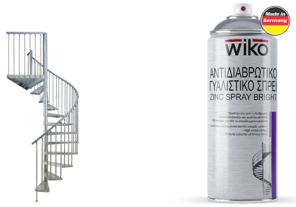 A silver spray paint can labeled 'wiko' with Greek text, shown next to a rendered spiral staircase on a plain white background. A 'Made in Germany' badge appears in the top right corner.