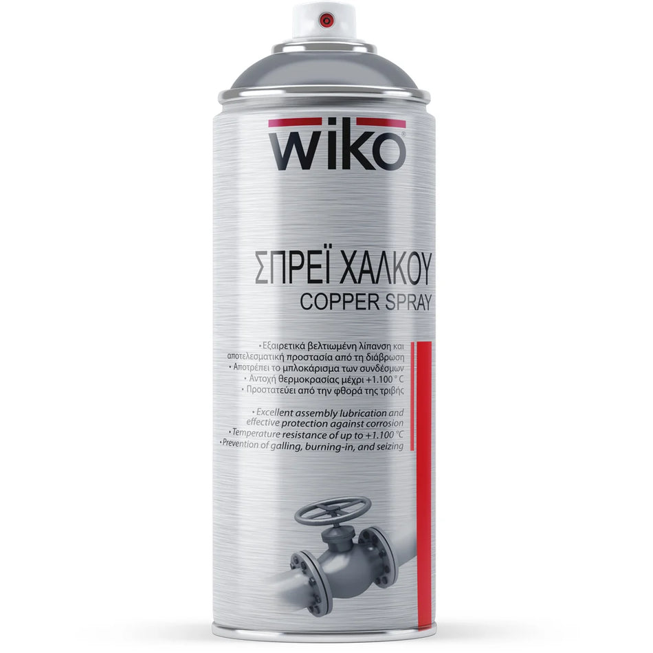 A can of Wiko Copper Spray on a plain white background. The can is metallic silver with black text and a red accent stripe on the label, featuring a valve graphic at the bottom.
