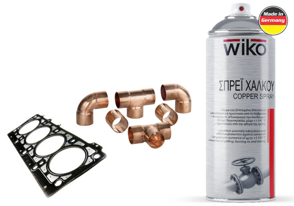 A can of Wiko copper spray alongside several copper pipe fittings and a black engine gasket, displayed on a clean white background with a 'Made in Germany' badge.