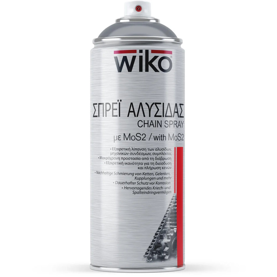 A can of Wiko Chain Spray with MoS2, featuring a brushed silver aluminum body, a white spray nozzle, and black and red text and graphic accents on a white background.