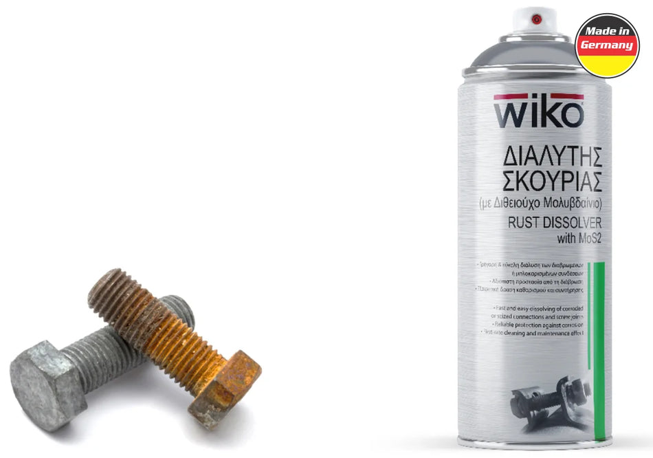 A can of Wiko rust dissolver spray on a white background next to two rusty metal bolts, with a 'Made in Germany' badge in the top right corner.