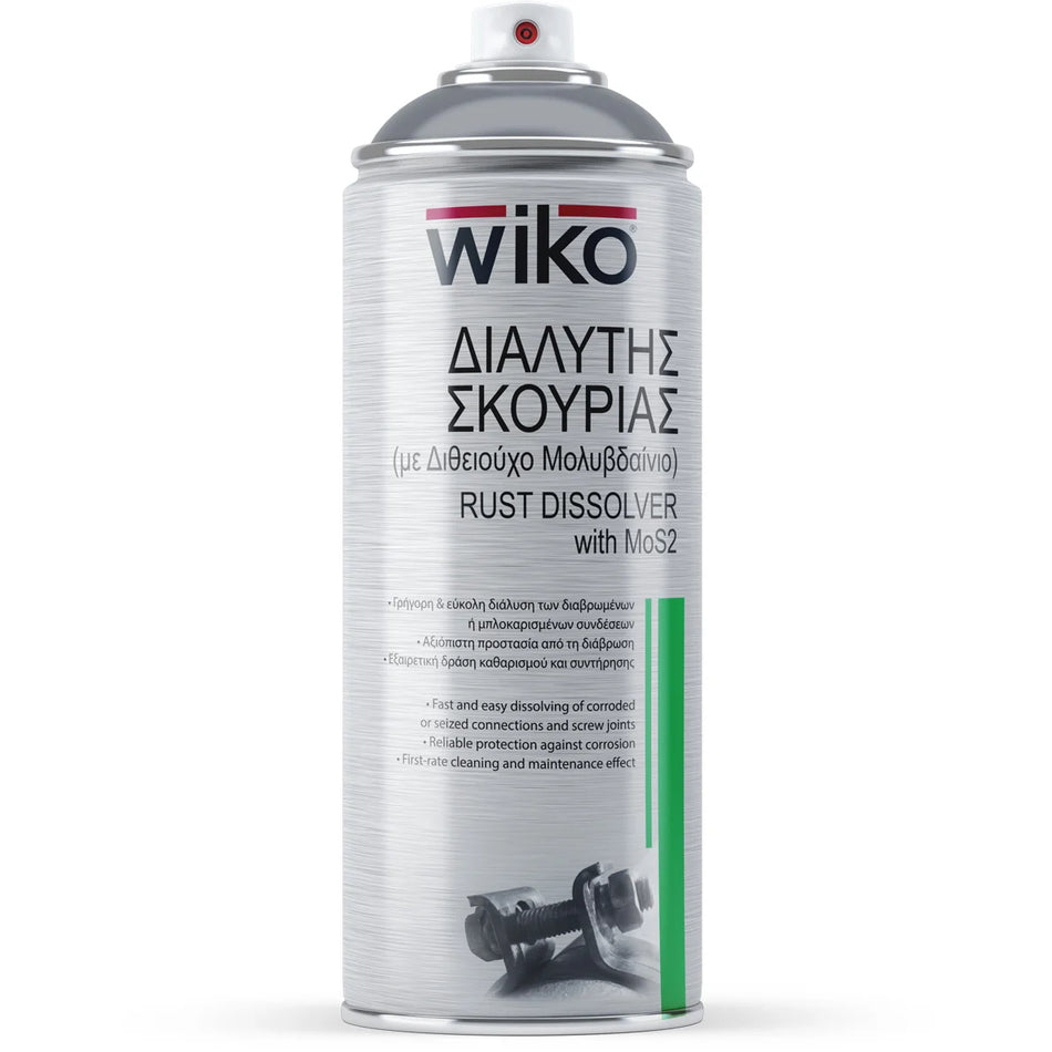 A can of Wiko Rust Dissolver with MoS2, featuring a silver metallic body with black and red text, a green vertical stripe, and a photo of a bolt at the bottom, set against a plain white background.