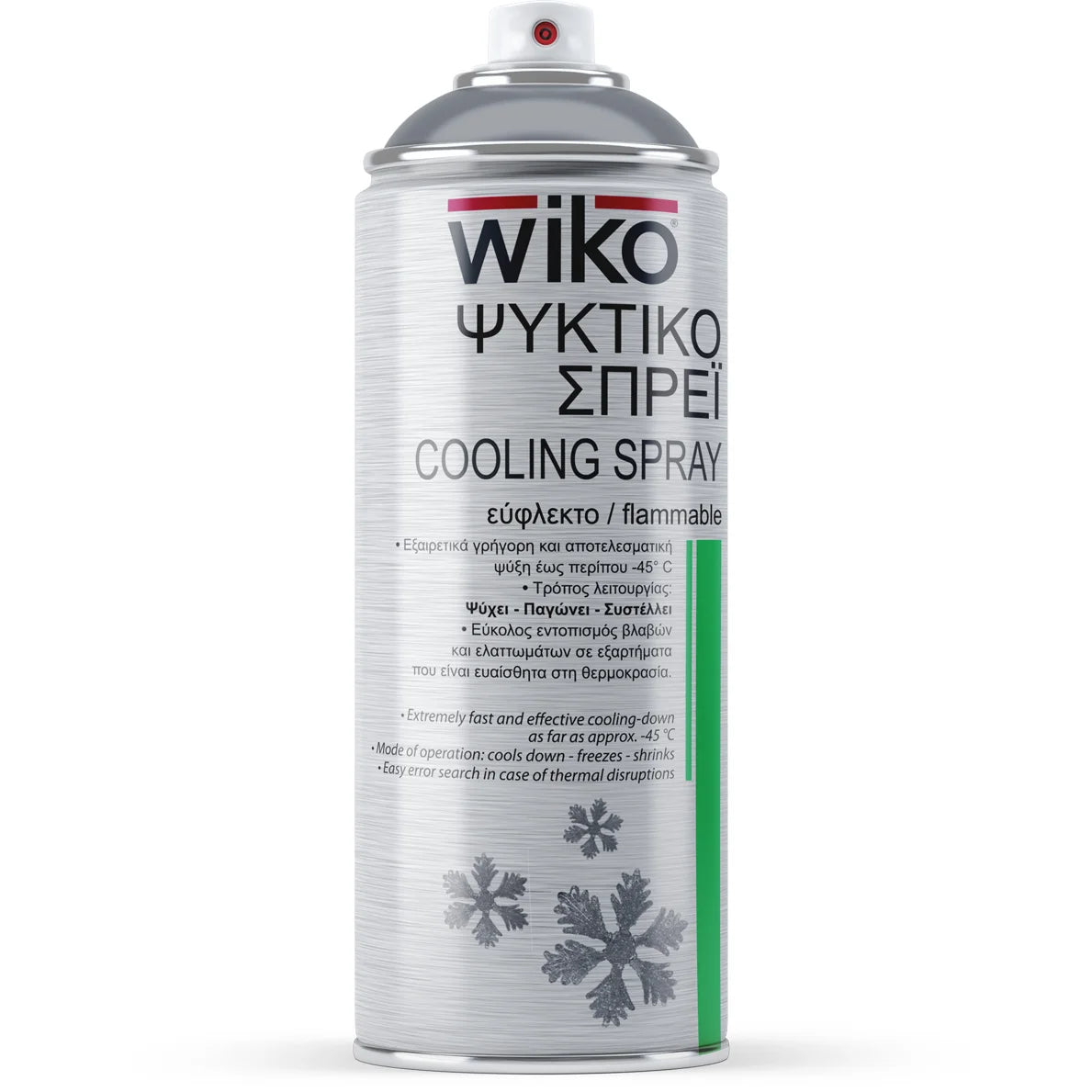 A can of Wiko Cooling Spray on a plain white background. The can is metallic silver with black text, a green vertical stripe on the right side, and black snowflake graphics near the bottom.