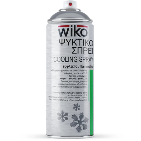 A can of Wiko Cooling Spray on a plain white background. The can is metallic silver with black text, a green vertical stripe on the right side, and black snowflake graphics near the bottom.