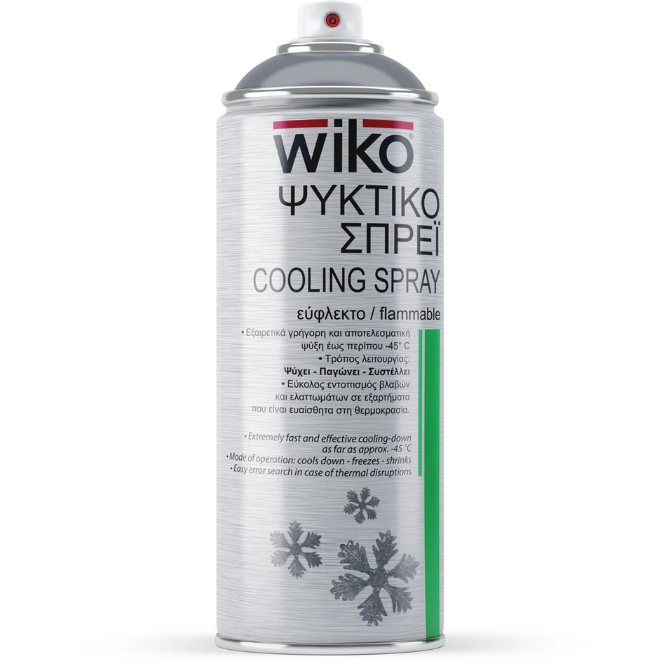 A can of Wiko Cooling Spray on a plain white background. The can is metallic silver with black text, a green vertical stripe on the right side, and black snowflake graphics near the bottom.