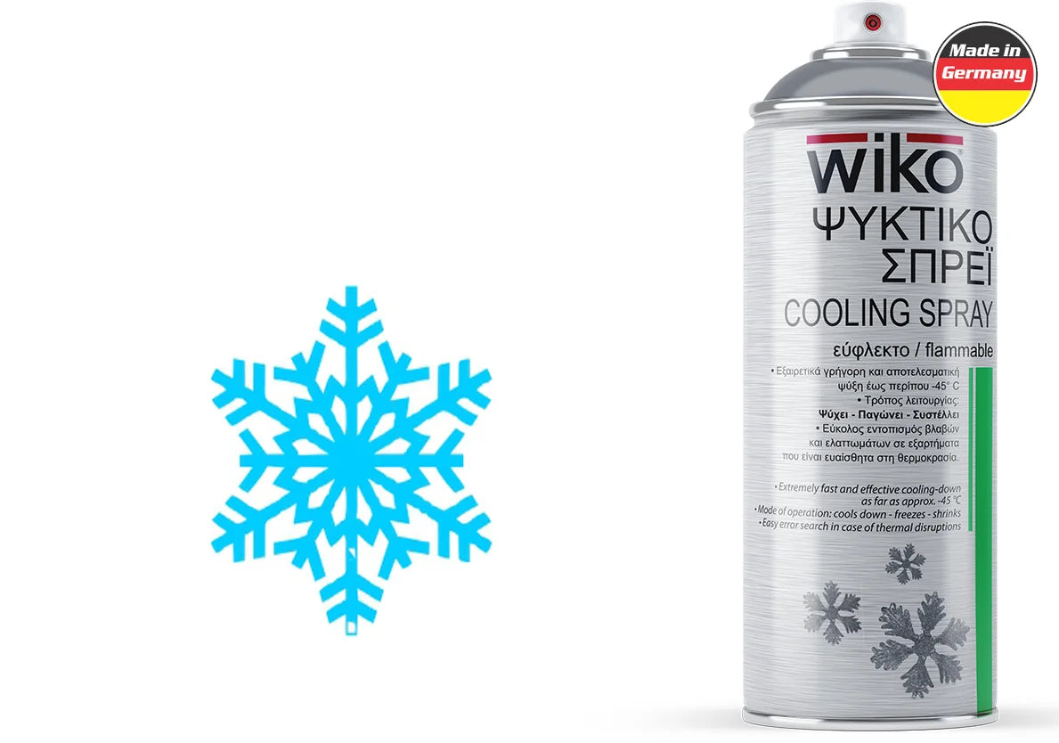 A can of Wiko cooling spray on a white background, shown next to a bright blue snowflake graphic and a red and yellow 'Made in Germany' badge. The spray can is silver with black and white text and a green stripe on the lower right.
