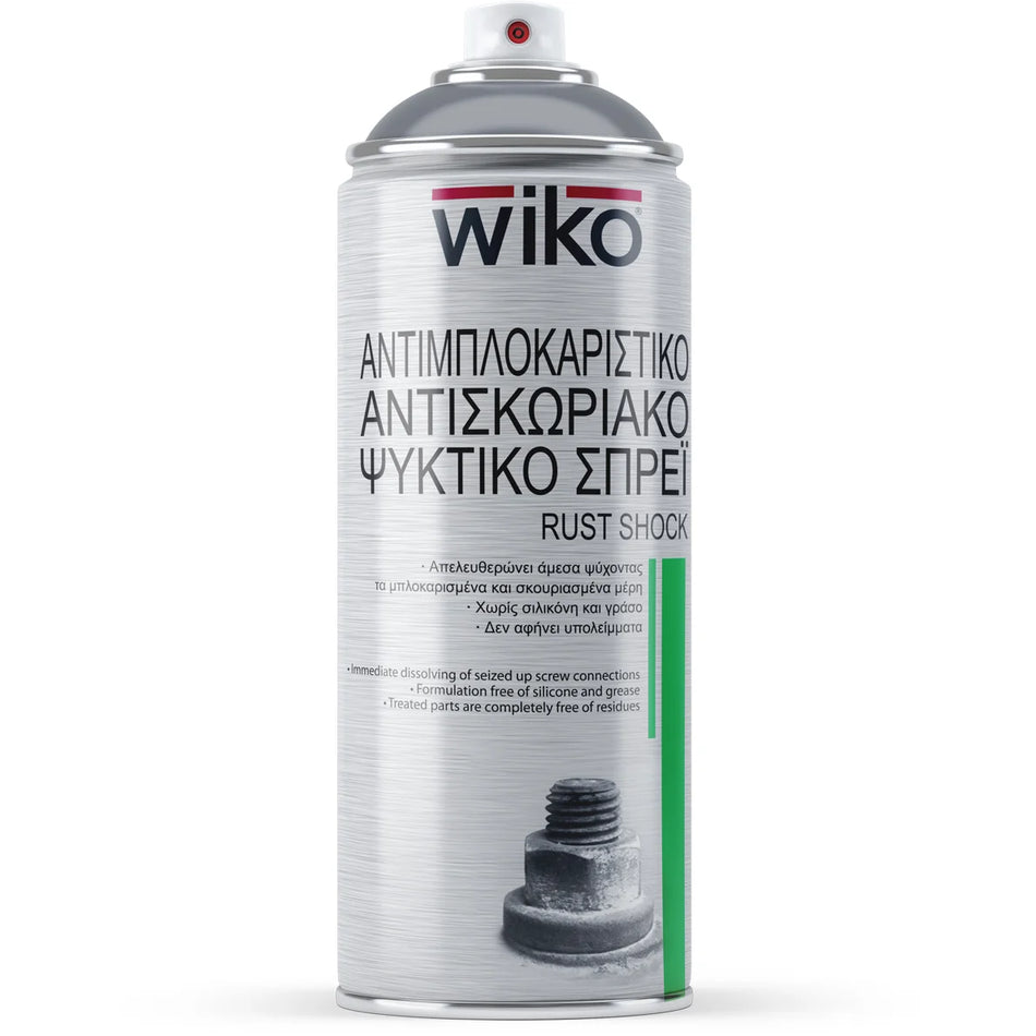 A can of Wiko Rust Shock anti-freeze rust inhibitor spray, featuring a silver metallic body with black text and a green vertical stripe on the lower right, set against a plain white background.