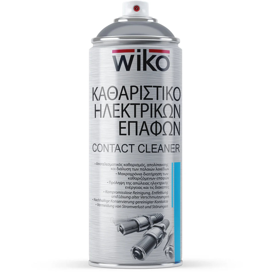 A can of Wiko contact cleaner spray for electrical contacts, featuring a metallic silver body with black text and a blue accent stripe on the lower right.