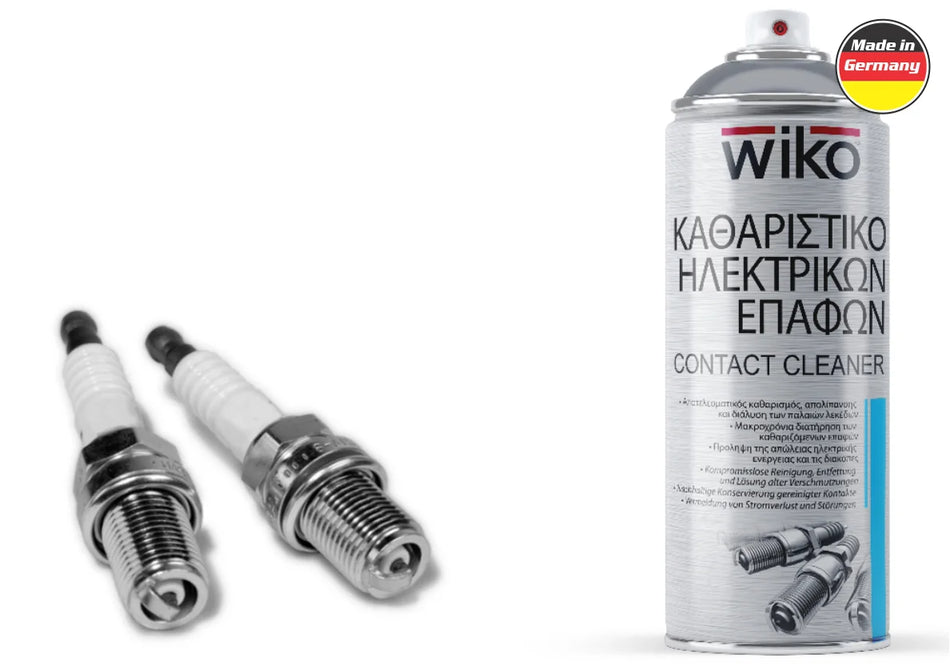 A can of wiko Contact Cleaner spray next to two spark plugs on a plain white background, with a 'Made in Germany' badge in the top right corner.