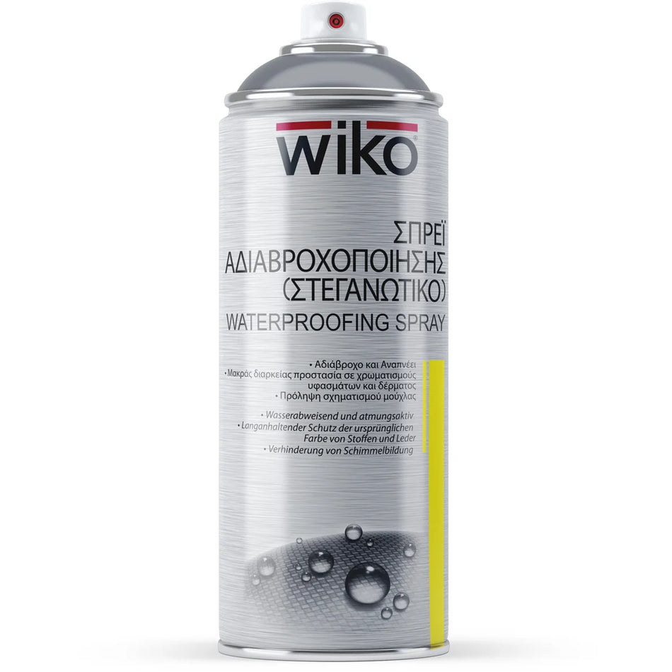 A can of Wiko waterproofing spray on a plain white background. The can is metallic silver with black text, a red and white nozzle, and a yellow stripe on the lower right side.