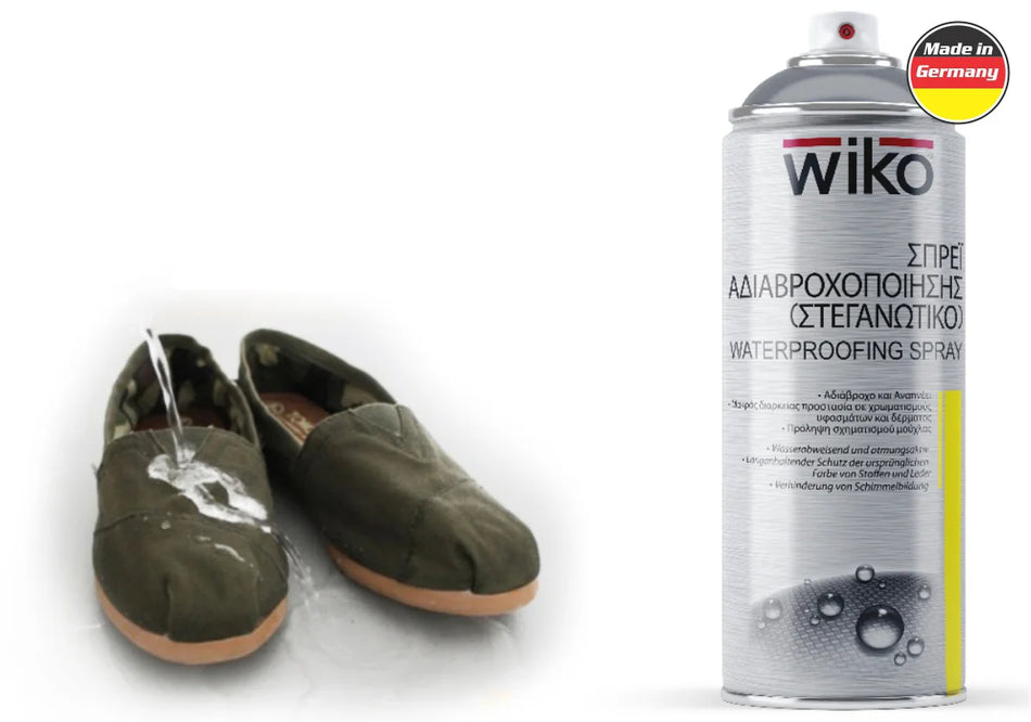 A can of wiko waterproof spray shown next to a pair of olive green slip-on shoes with water droplets on the surface, on a white background with a 'Made in Germany' badge.