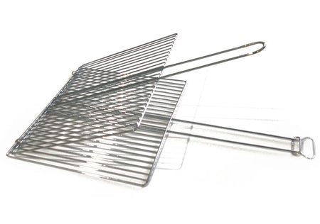 A stainless steel wire grill basket with a long handle, shown folded flat on a white background.