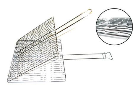 A metal wire grill basket with a long handle and a circular inset showing a close-up of the wire mesh texture, on a plain white background.