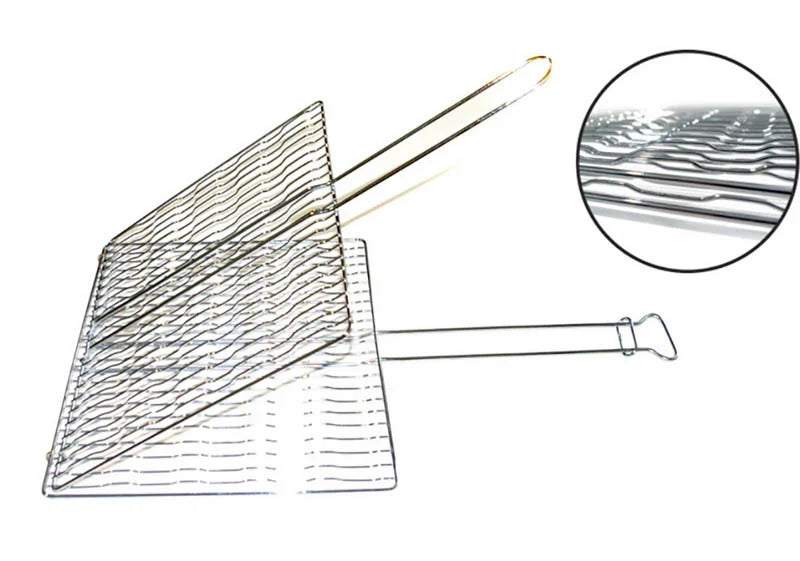 A metal wire grill basket with a long handle and a circular inset showing a close-up of the wire mesh texture, on a plain white background.