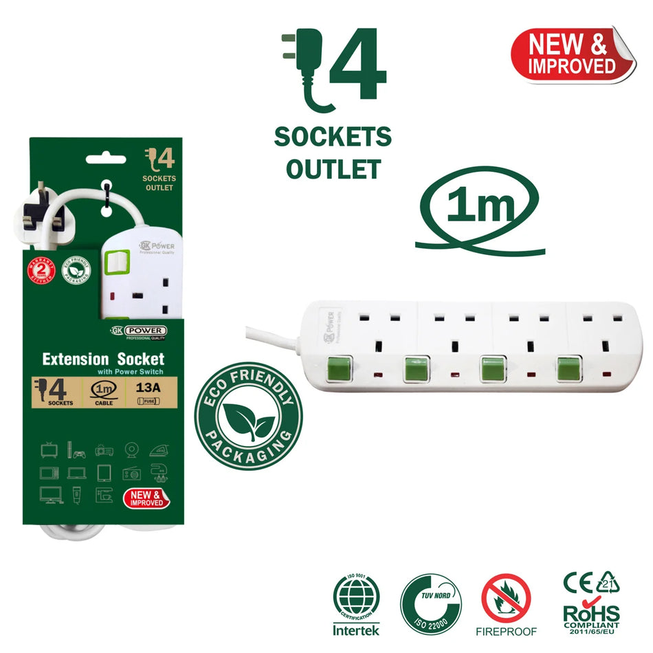 GK POWER - 4 Ways Extension with Switches Eco Packaging