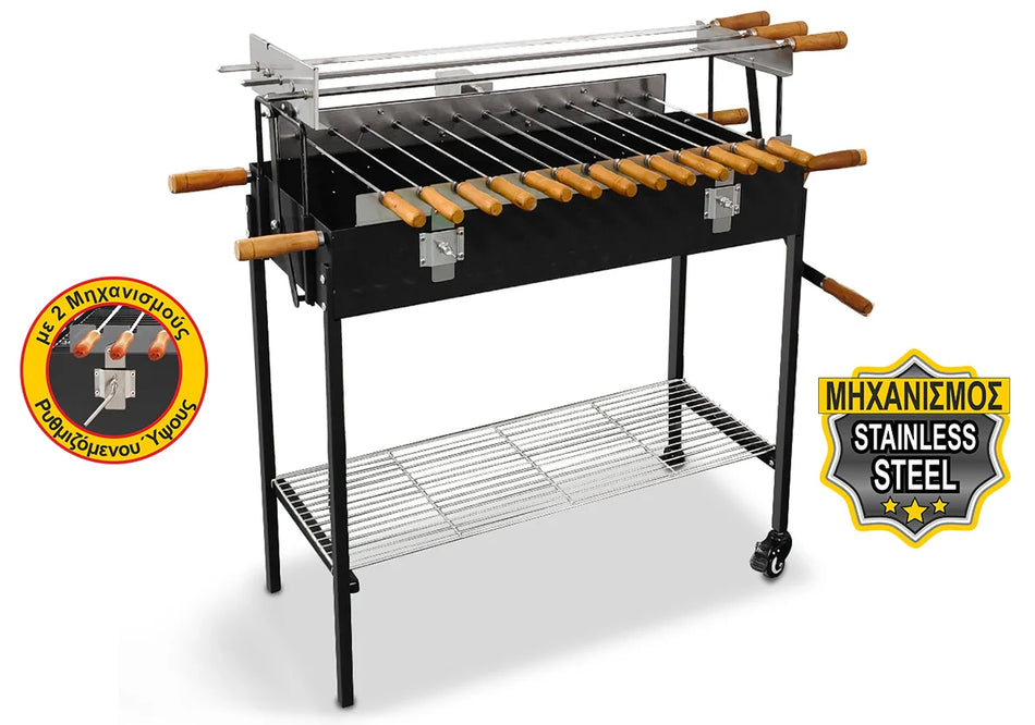 A black and stainless steel multi-level barbecue grill with wooden handles, shown on a white background with two promotional badges.