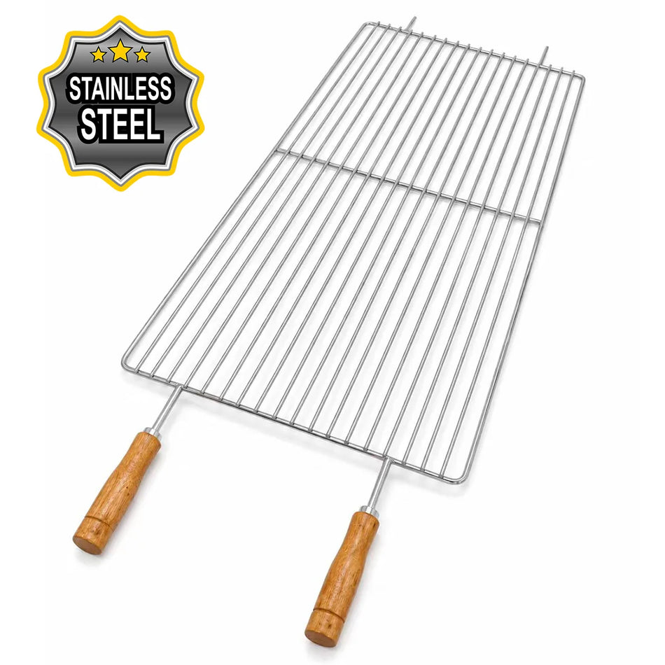A stainless steel grill grate with two wooden handles, shown on a white background with a 'STAINLESS STEEL' badge in the top-left corner.
