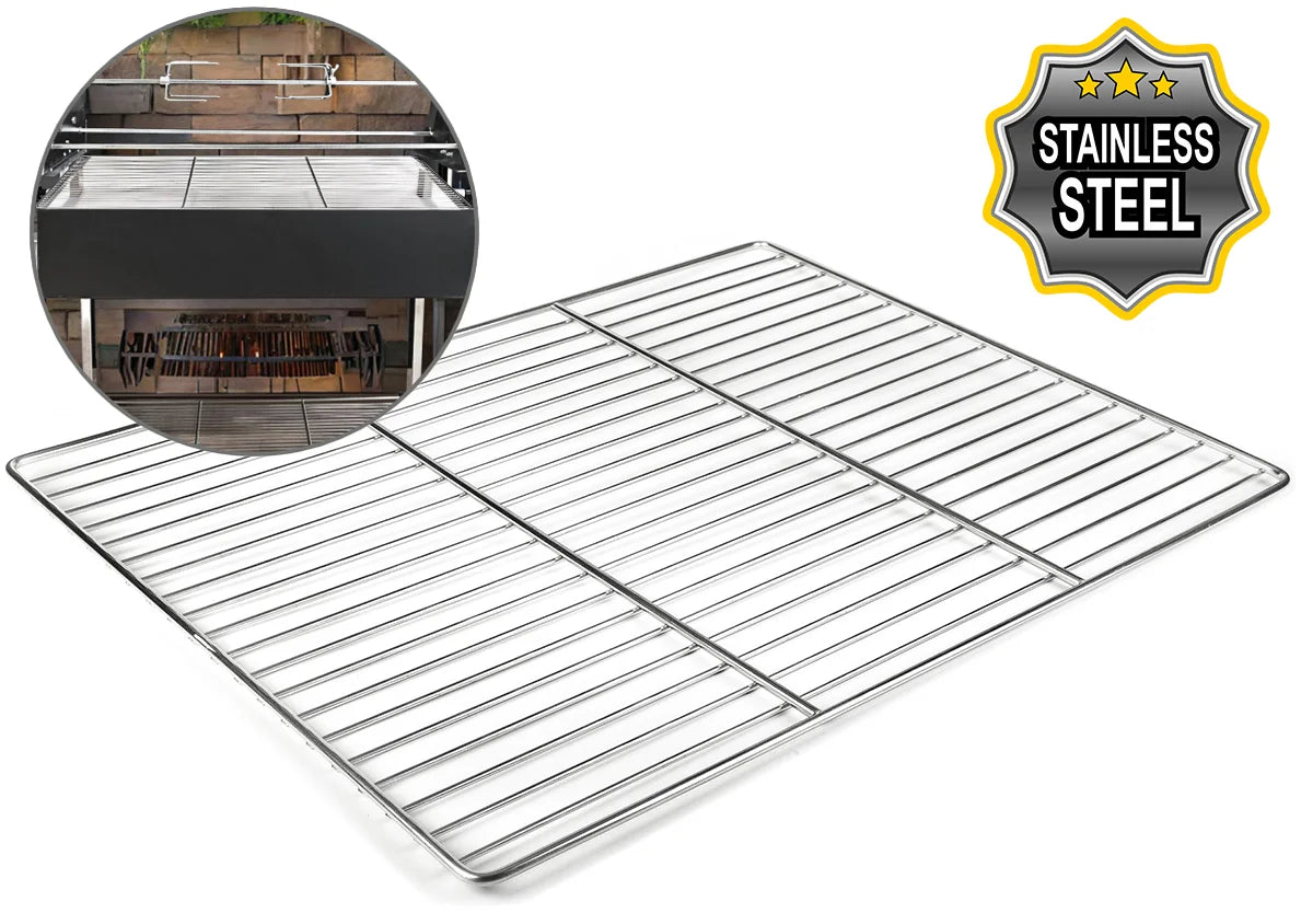 A stainless steel wire cooling rack shown on a white background, with a circular inset photo demonstrating its use in an oven and a 'STAINLESS STEEL' badge in the top right corner.