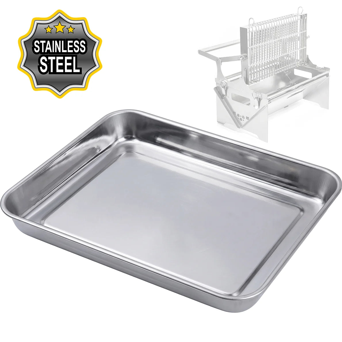 A stainless steel rectangular baking pan with raised rim, shown on a white background with a 'STAINLESS STEEL' badge and a faint secondary product view in the upper right.