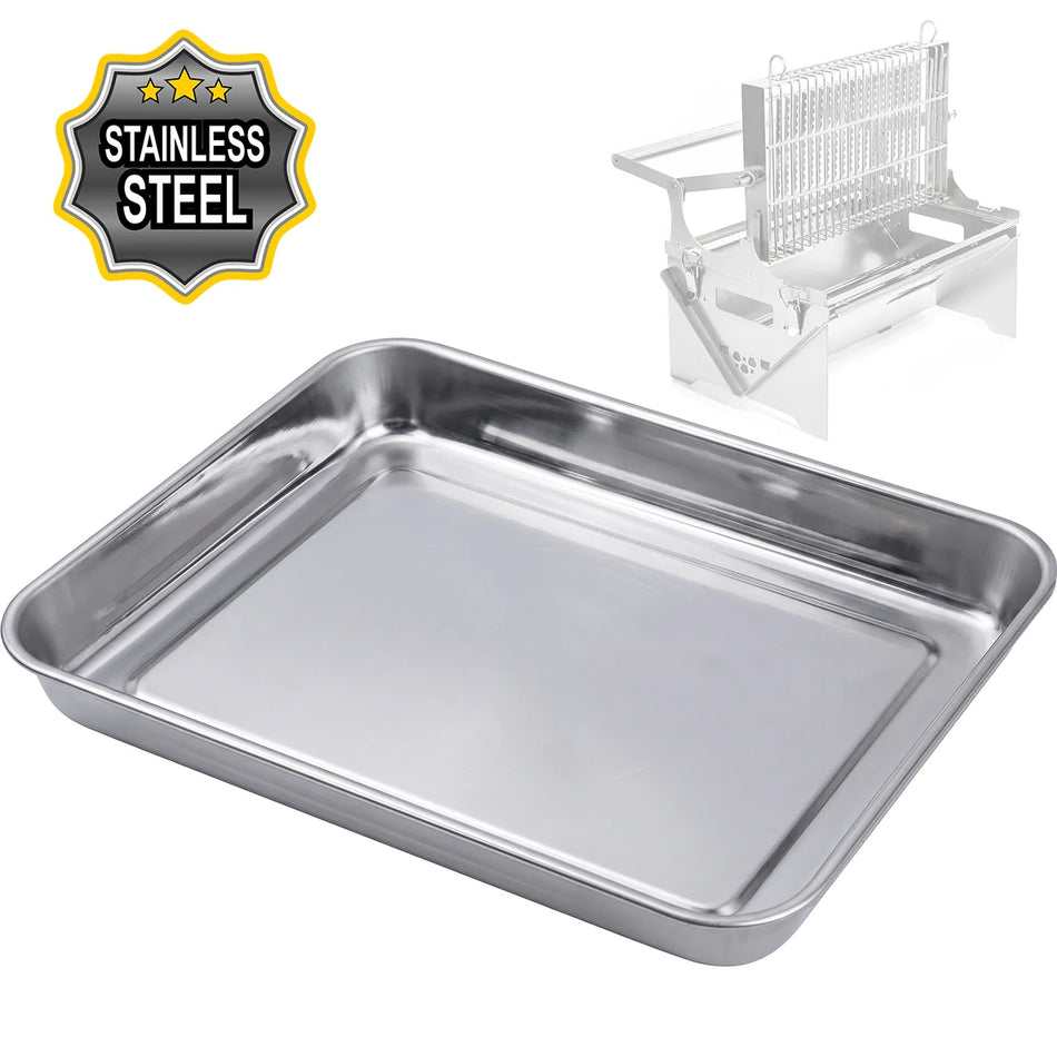 A stainless steel rectangular baking pan with raised rim, shown on a white background with a 'STAINLESS STEEL' badge and a faint secondary product view in the upper right.