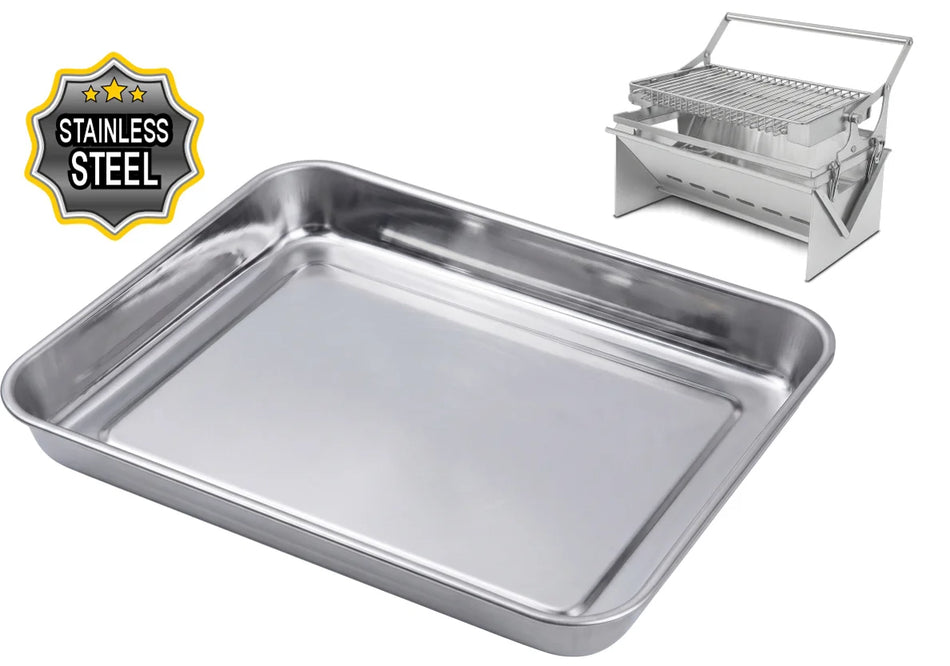 A stainless steel rectangular baking pan shown on a white background, with a small stainless steel grill or steamer insert in the upper right and a 'Stainless Steel' badge in the upper left.