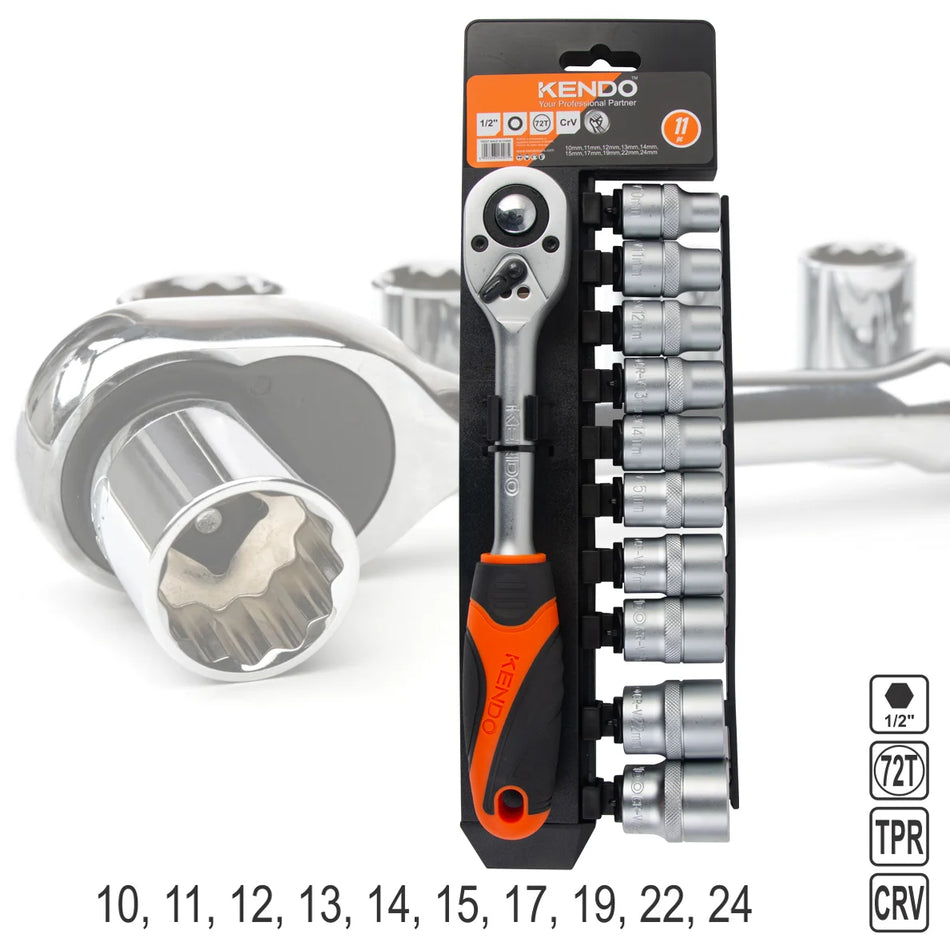KENDO 16207 1/2 Dr. 12PT Socket Set - 11pcs