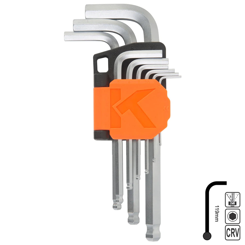 KENDO 20735 Standard Arm Ball End Hex Key Set 9pcs