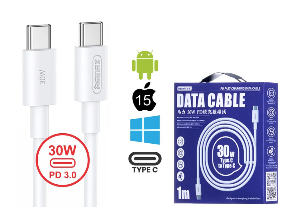 REMAX Type C toType C 30W USB 3 Fast Data Cable, 1M - RC-C021