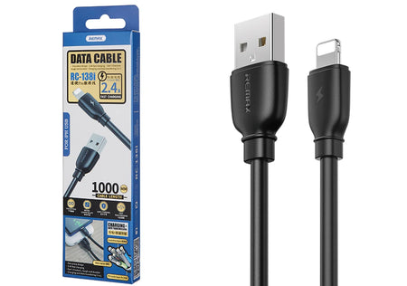 Black USB data cable with packaging on a white background