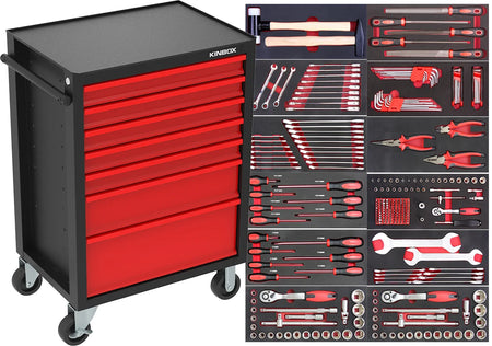 A KIMBOX 5-drawer rolling tool chest in black and red, shown next to a large tool organizer panel displaying an extensive socket wrench and hand tool set.