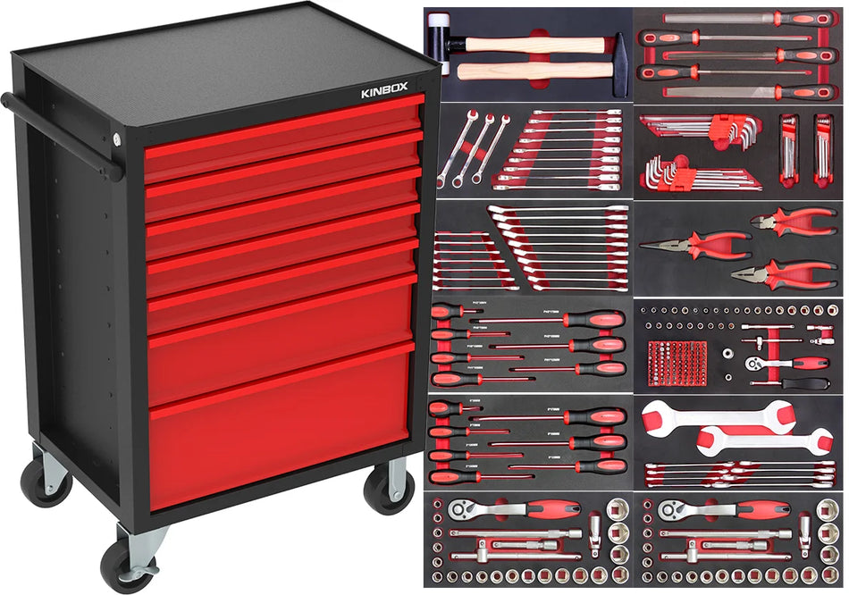 A KIMBOX 5-drawer rolling tool chest in black and red, shown next to a large tool organizer panel displaying an extensive socket wrench and hand tool set.
