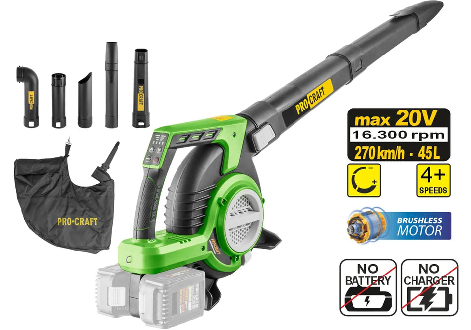 Pro-Craft VB20 20V Brushless Cordless Blower &amp; Vacuum (270 km/h - Bare Tool)