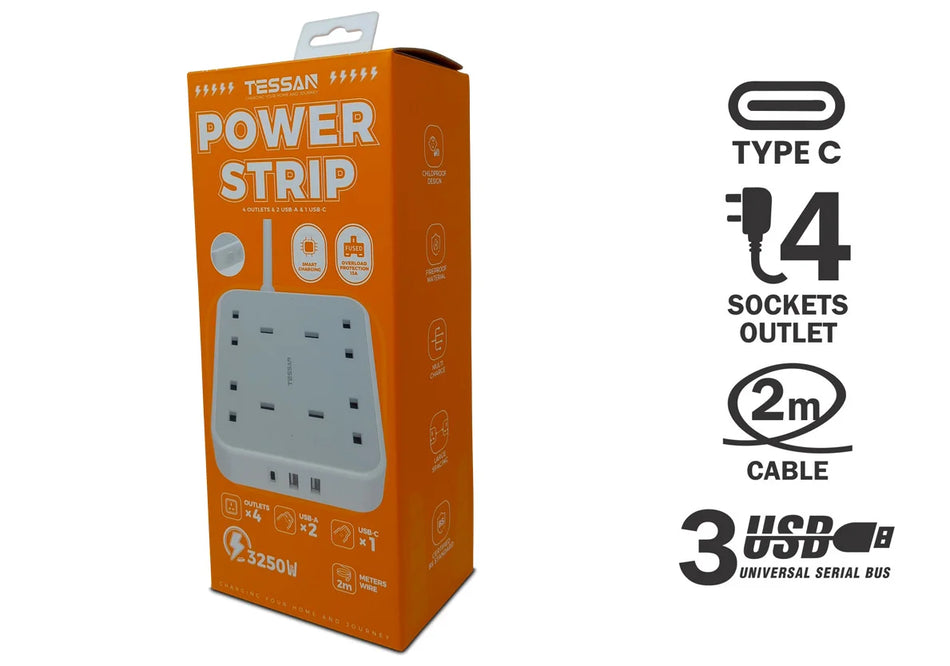 TESSAN 2M Outlet 4 Sockets + 3 USB - TS-202 C