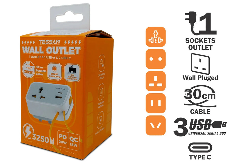 TESSAN Universal Fast Charger 20W Travel Adaptor + 3 USB - TS-TA01ALUK