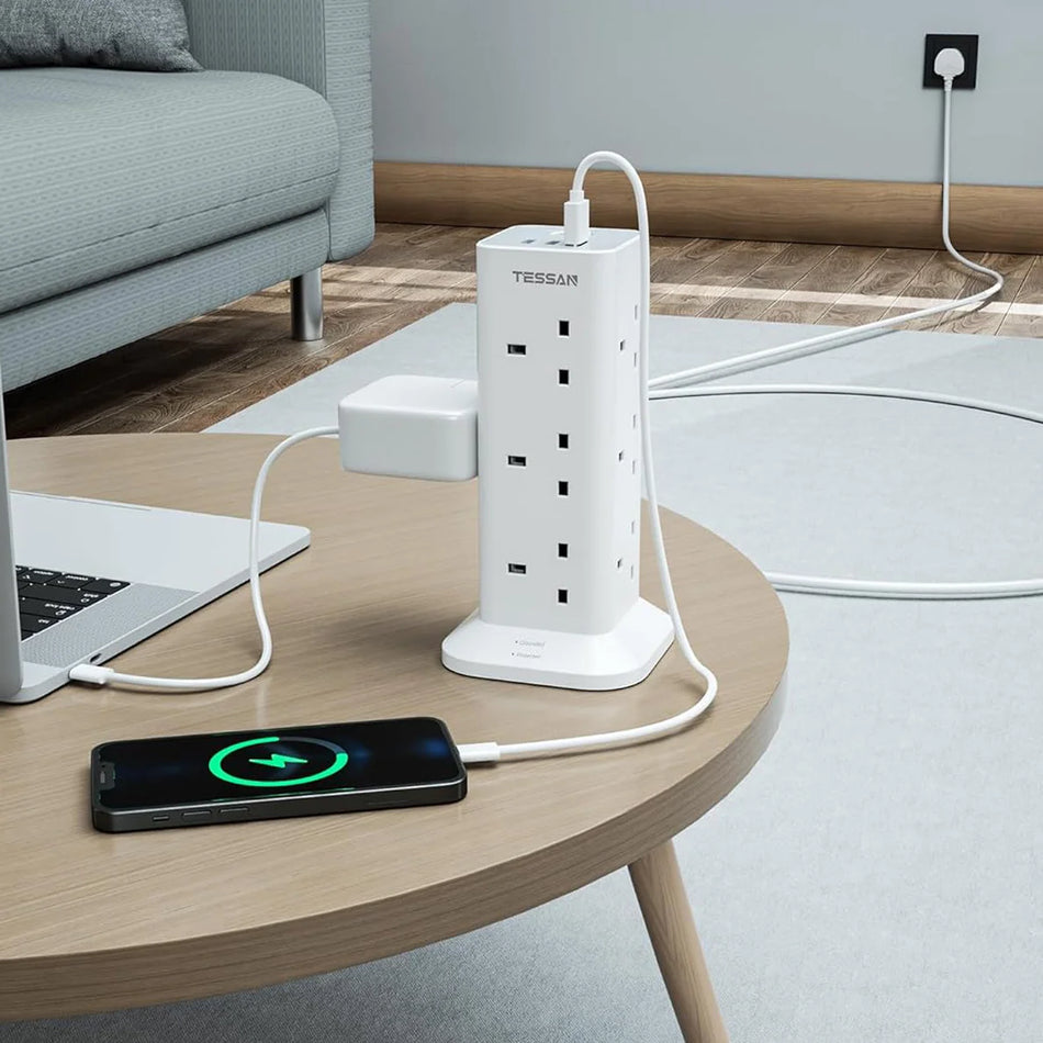 TESSAN Tower 12 Sockets + 3 USB - TPS04-C-UK